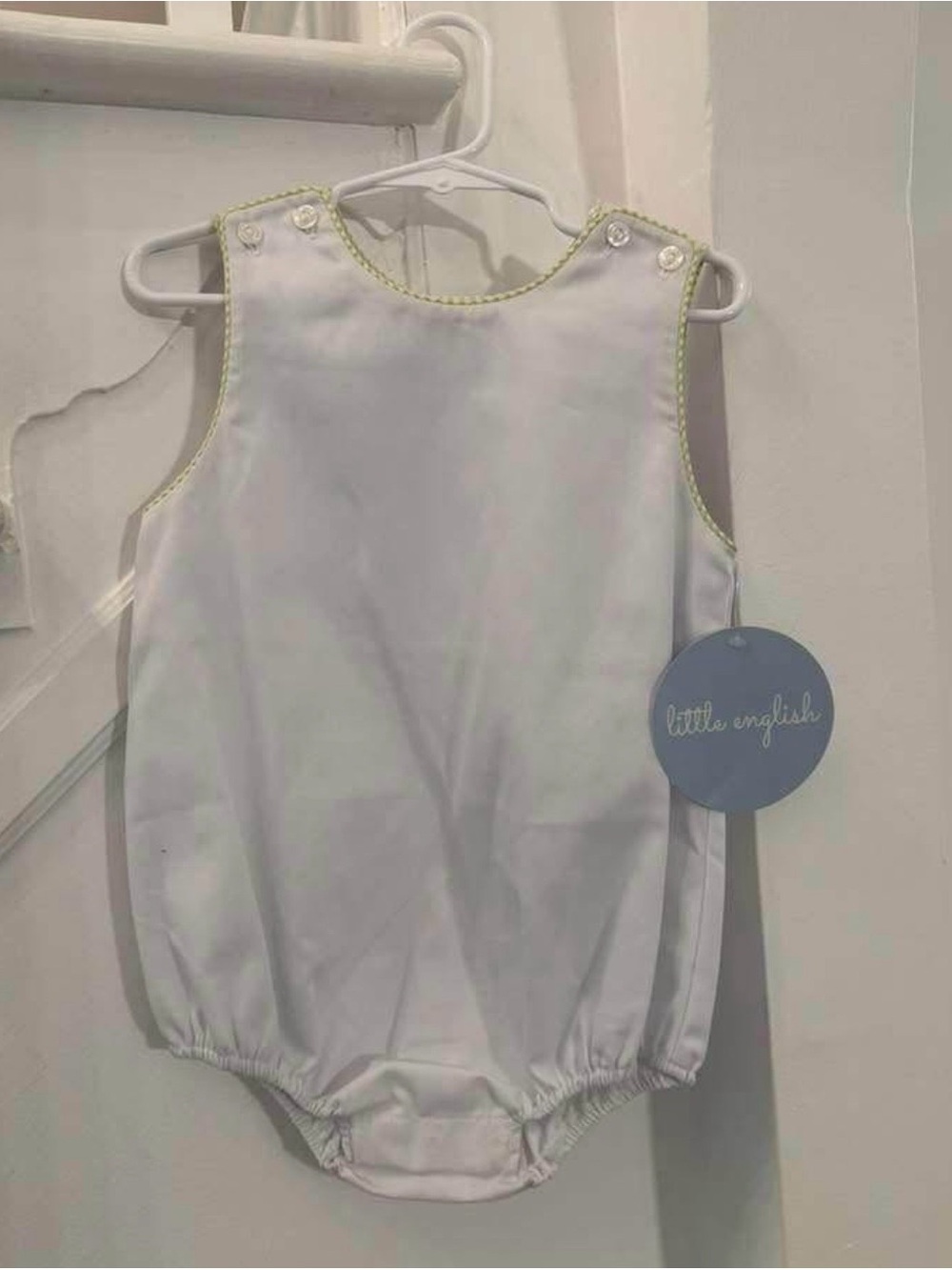 Little English White One-Piece Romper with Yellow Trim